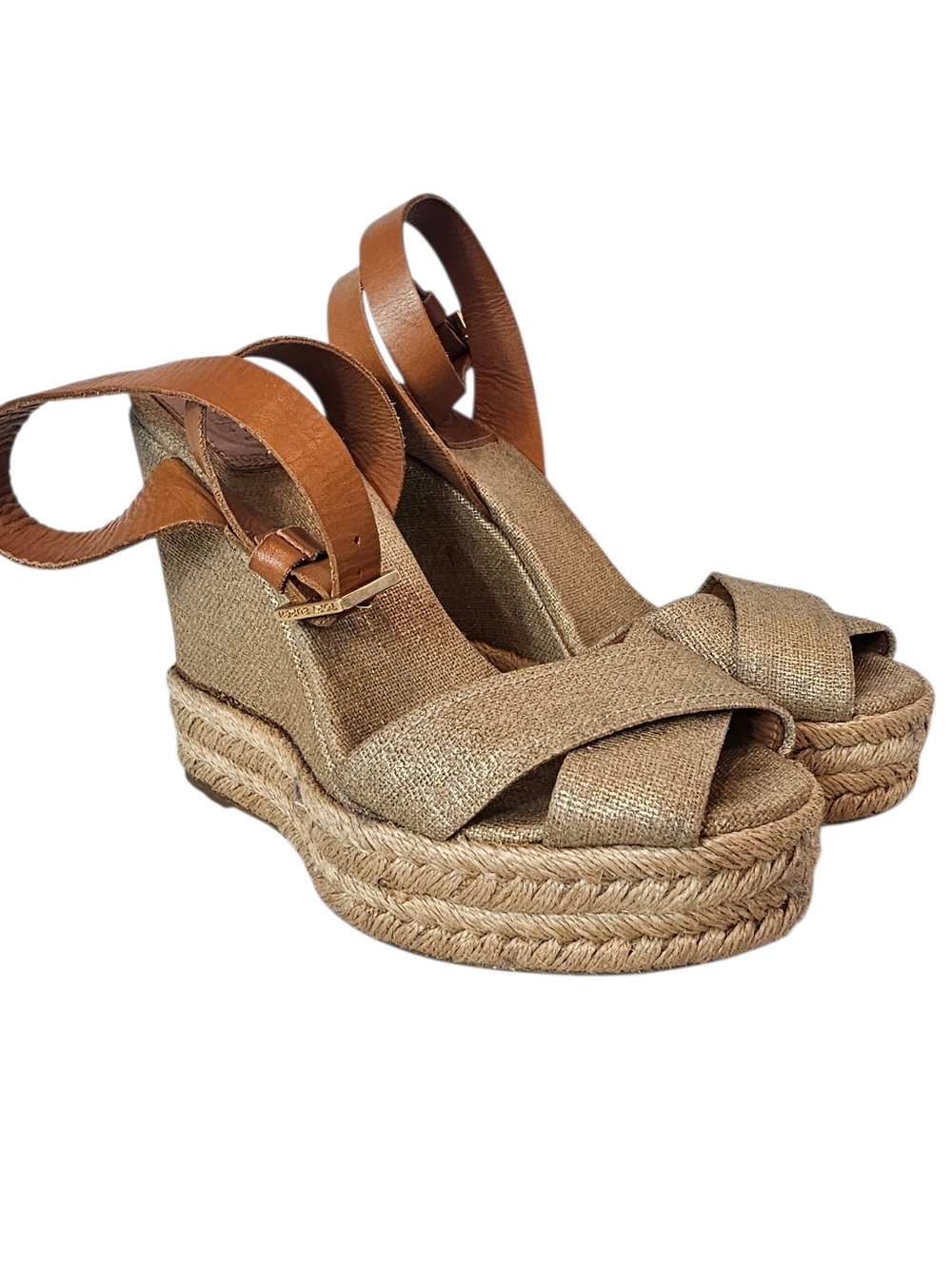 Tory Burch Fabian Wedge Espadrille Sandals Size 6 Metallic Boho Chic Ankle Strap - Picture 1 of 14